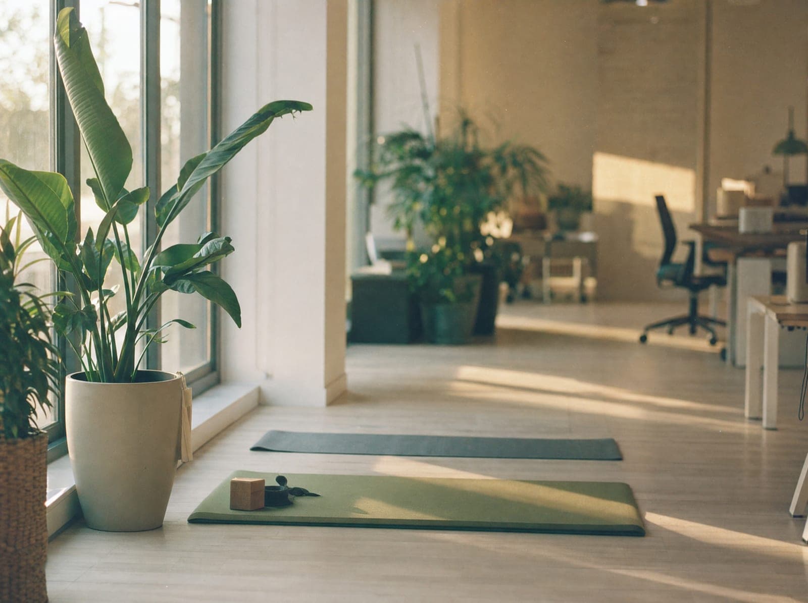 Deux tapis de yoga déroulés près des grandes fenêtres d'un bureau, entre les plantes
