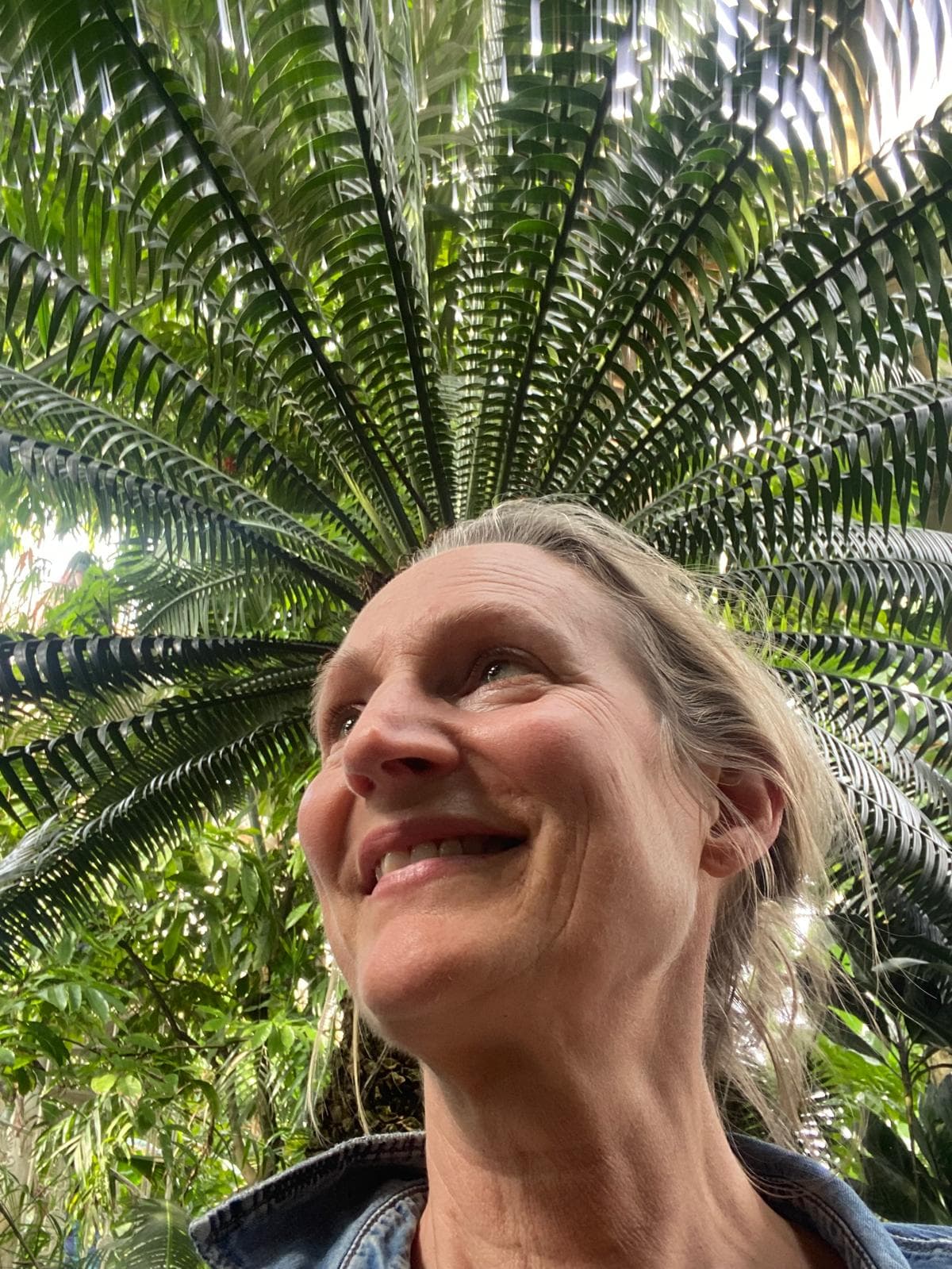 Laurence Razel, souriante, le regard levé, sous les frondes d'une grande fougère