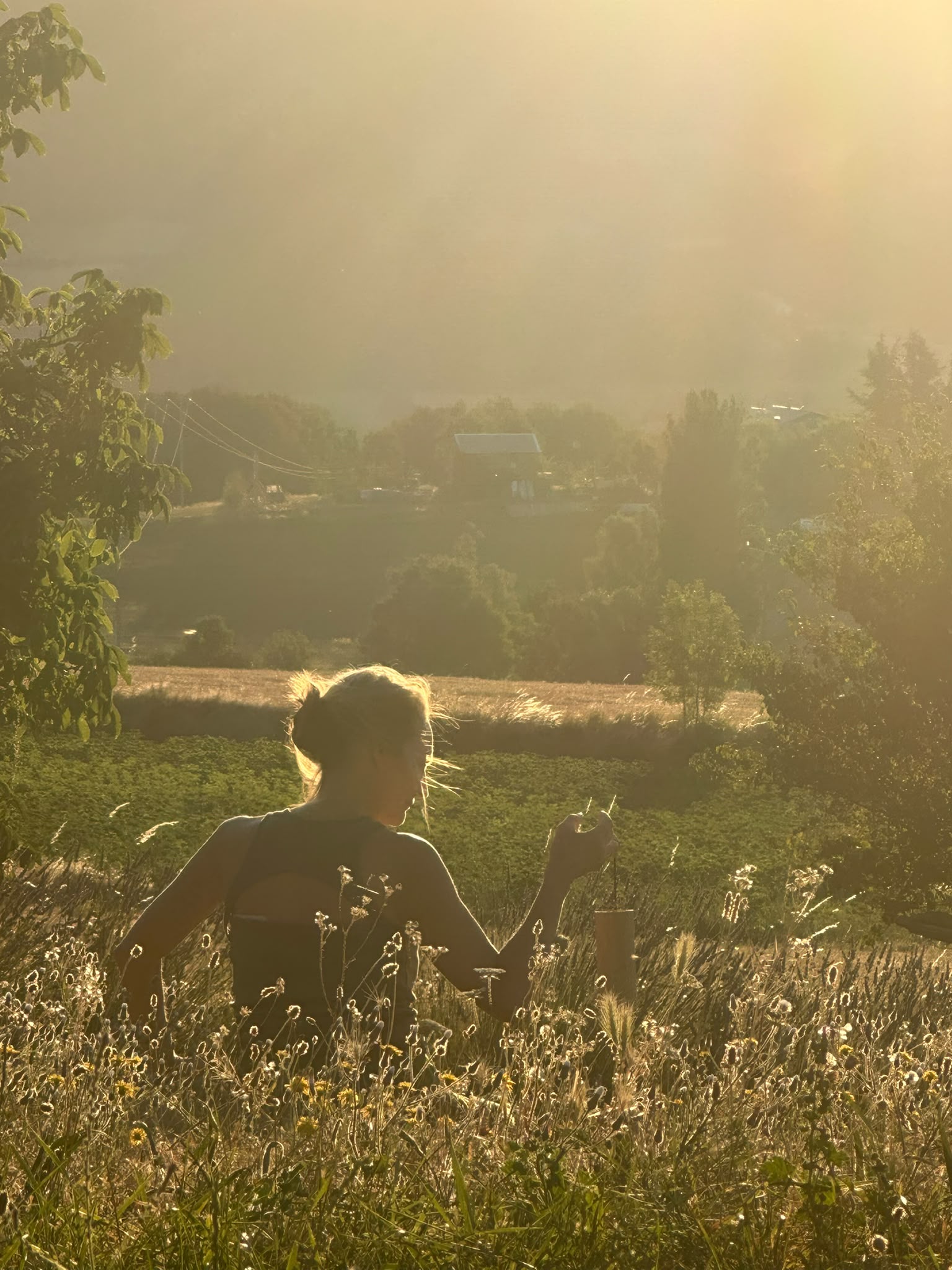 Laurence assise en méditation dans l'herbe, face à la vallée baignée de lumière