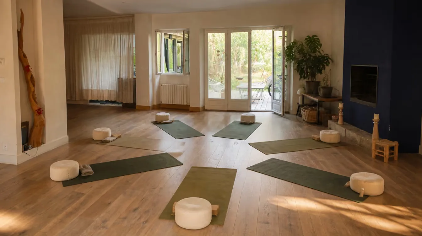 Salle de pratique aux tapis verts disposés en cercle, ouverte sur le jardin