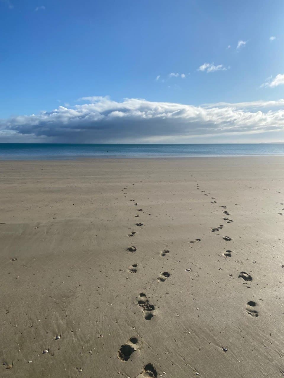 Empreintes de pas dans le sable mouillé, au bord de l'eau
